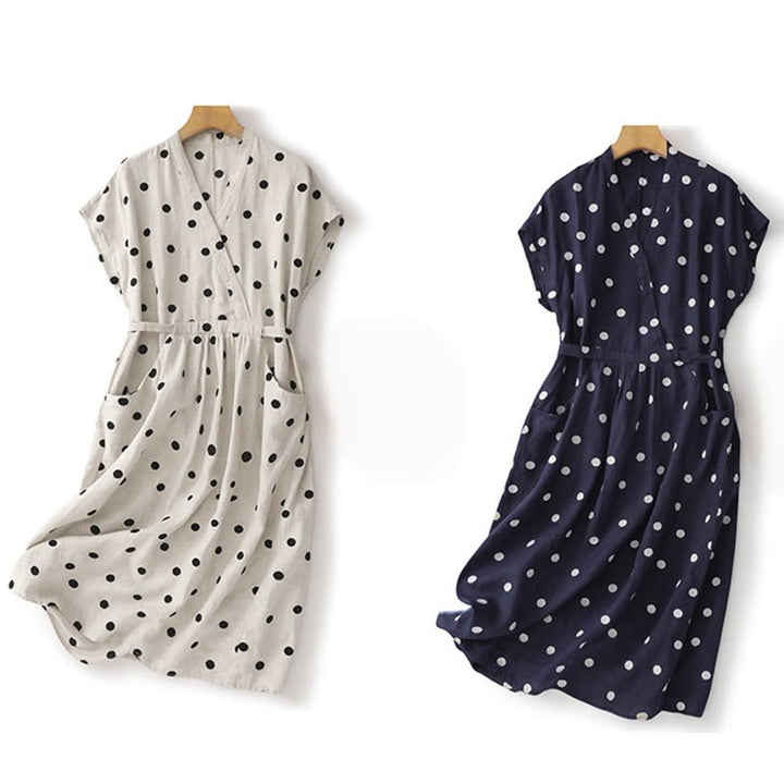 Buddha Stones Polka Dot V-Neck Lace-up Cotton Linen Women's Midi Dress With Pockets - image 19