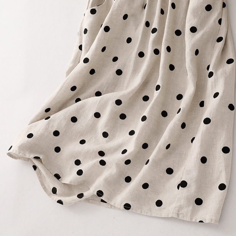 Buddha Stones Polka Dot V-Neck Lace-up Cotton Linen Women's Midi Dress With Pockets - image 14