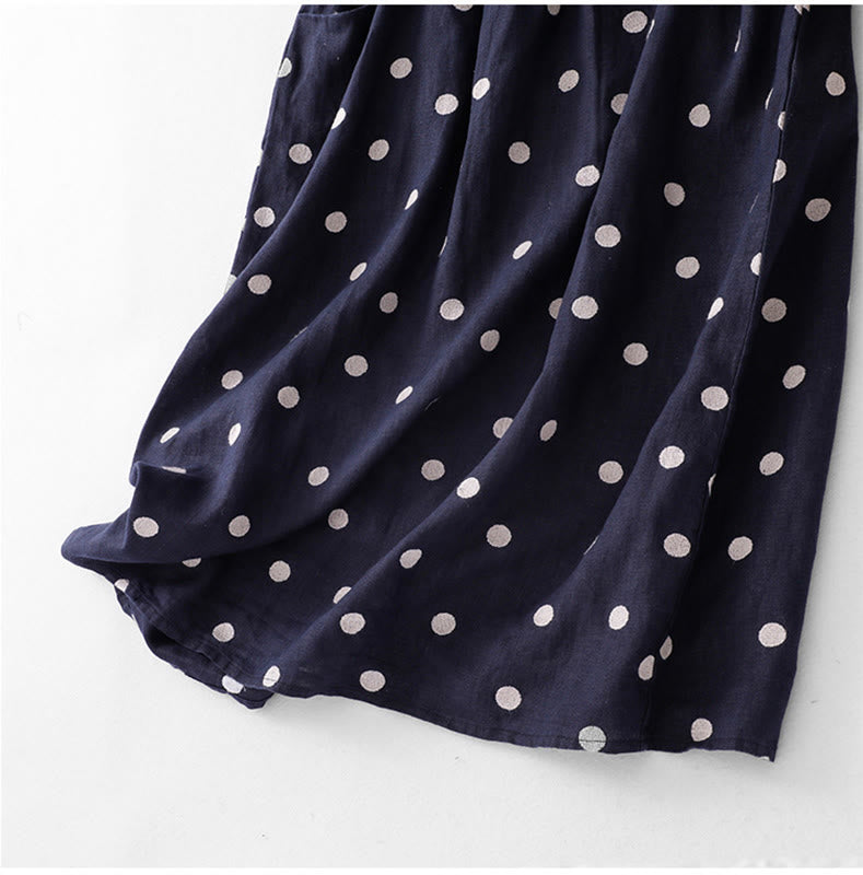 Buddha Stones Polka Dot V-Neck Lace-up Cotton Linen Women's Midi Dress With Pockets