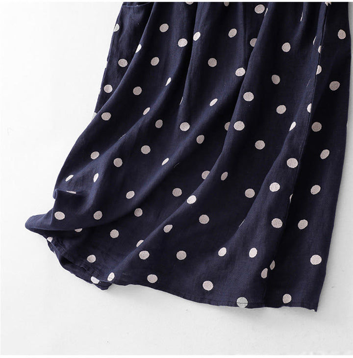 Buddha Stones Polka Dot V-Neck Lace-up Cotton Linen Women's Midi Dress With Pockets