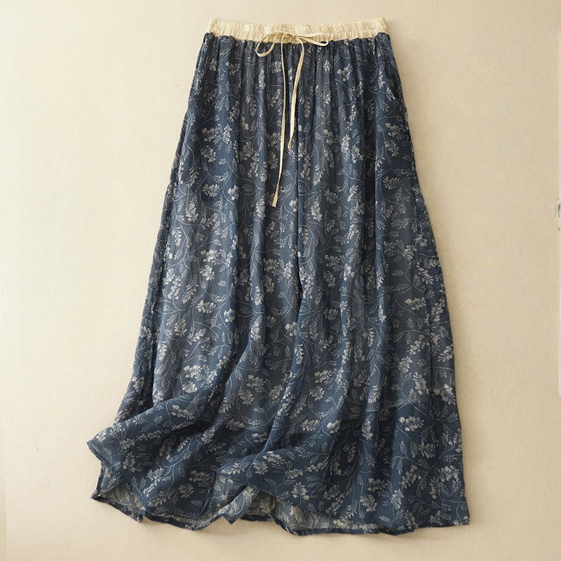 Buddha Stones Floral A-line Elastic Waist Women's Skirt With Pockets - SteelBlue - US8-10，UK/AU12-14，EU40-42 (2XL) - image 11