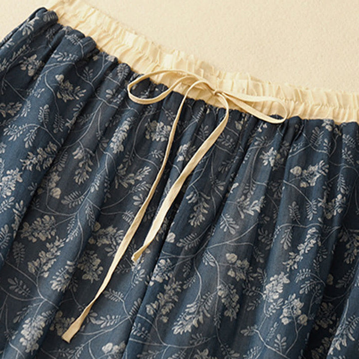 Buddha Stones Floral A-line Elastic Waist Cotton Linen Women's Skirt With Pockets - image 12