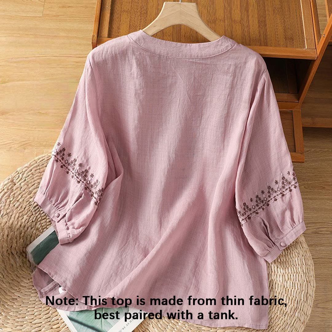 Buddha Stones Symmetrical Embroidery Cotton Women's Crew Neck Shirt - image 8