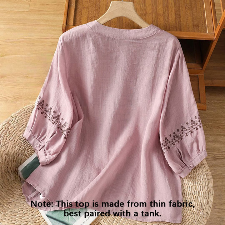 Buddha Stones Symmetrical Embroidery Cotton Women's Crew Neck Shirt - image 8
