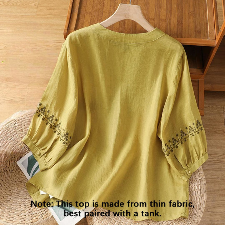 Buddha Stones Symmetrical Embroidery Cotton Women's Crew Neck Shirt - image 17