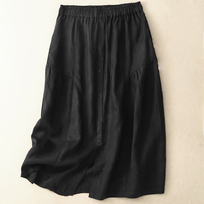 Buddha Stones A-line Buttons Slit Design Elastic Waist Cotton Women's Skirt With Pockets - Black - US12，UK/AU16，EU44 (2XL) - image 6
