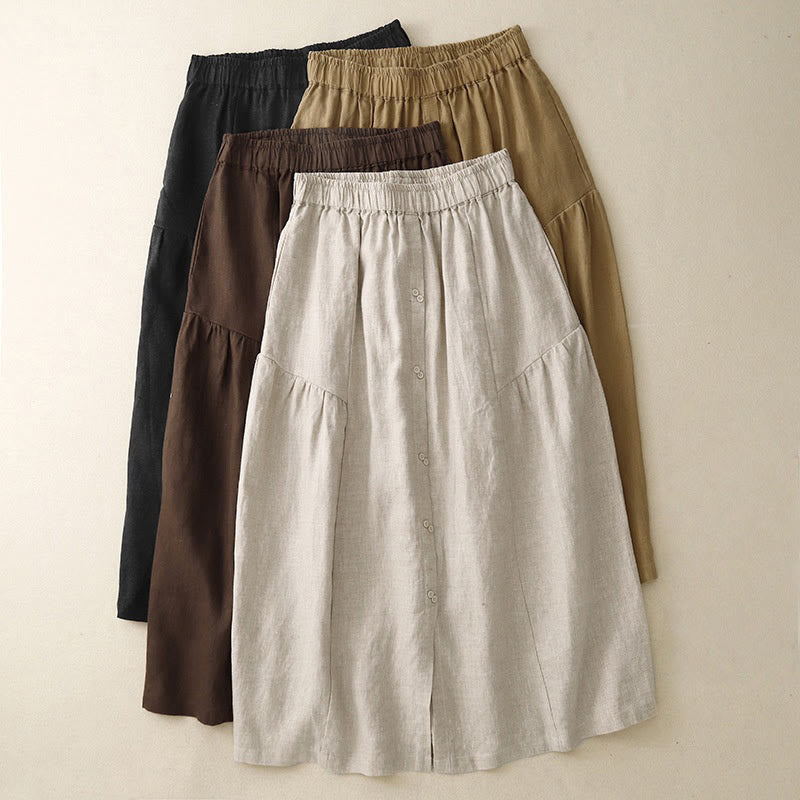 Buddha Stones A-line Buttons Slit Design Elastic Waist Cotton Women's Skirt With Pockets - image 1
