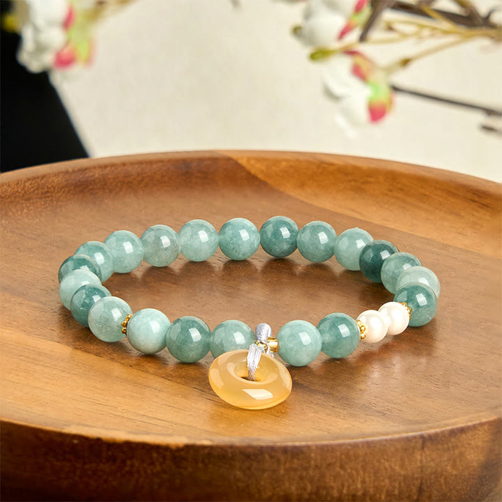 Buddha Stones Blue Jade Peace Buckle Pearl Beads Prosperity Bracelet