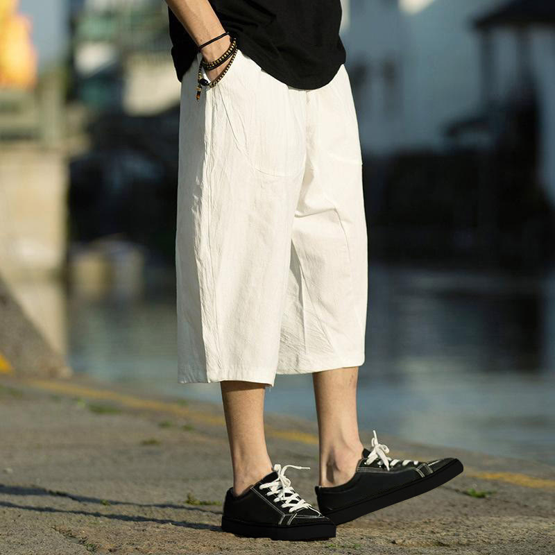 Buddha Stones Summer Plain Pleat Design Drawstring Men's 7-8 Length Cotton Linen Pants With Pockets - image 28