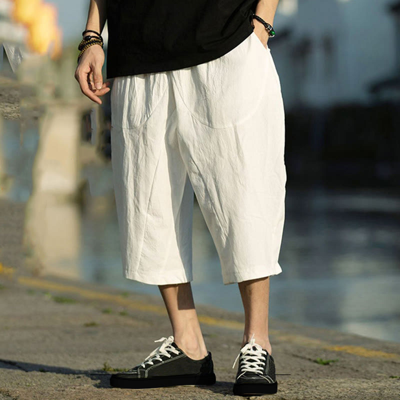 Buddha Stones Summer Plain Pleat Design Drawstring Men's 7-8 Length Cotton Linen Pants With Pockets - White - US/UK/AU46，EU56 (5XL) - image 26