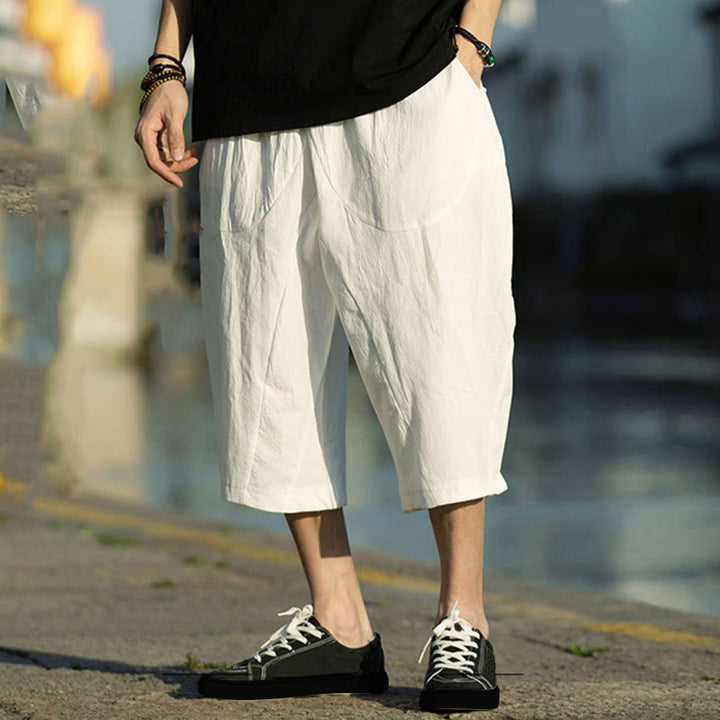 Buddha Stones Summer Plain Pleat Design Drawstring Men's 7-8 Length Cotton Linen Pants With Pockets - White - US/UK/AU46，EU56 (5XL) - image 26