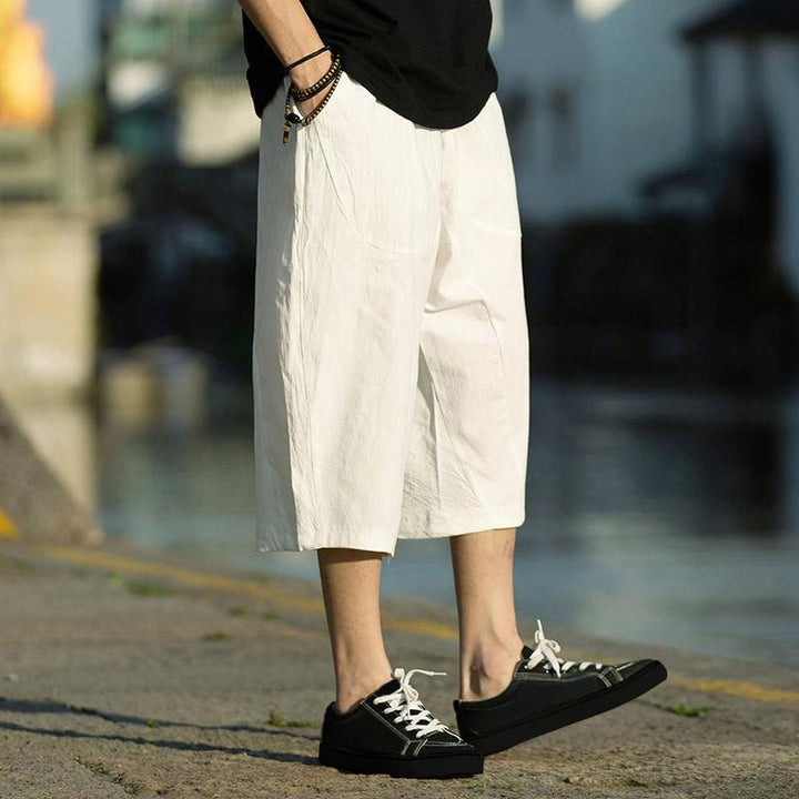 Buddha Stones Summer Plain Pleat Design Drawstring Men's 7-8 Length Cotton Linen Pants With Pockets - image 29