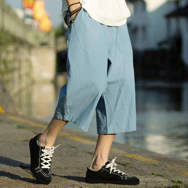 Buddha Stones Summer Plain Pleat Design Drawstring Men's 7-8 Length Cotton Linen Pants With Pockets - DeepSkyBlue - US/UK/AU46，EU56 (5XL) - image 30