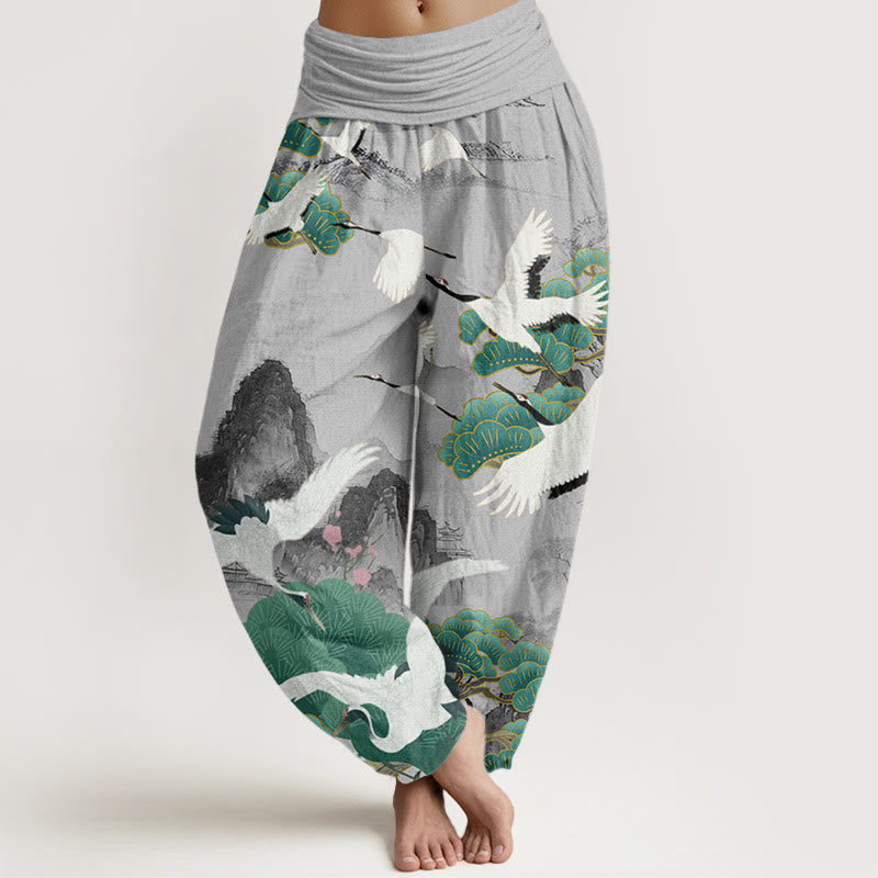 Buddha Stones Casual Cranes Green Pine Trees Landscape Pattern Women's Harem Pants - image 2
