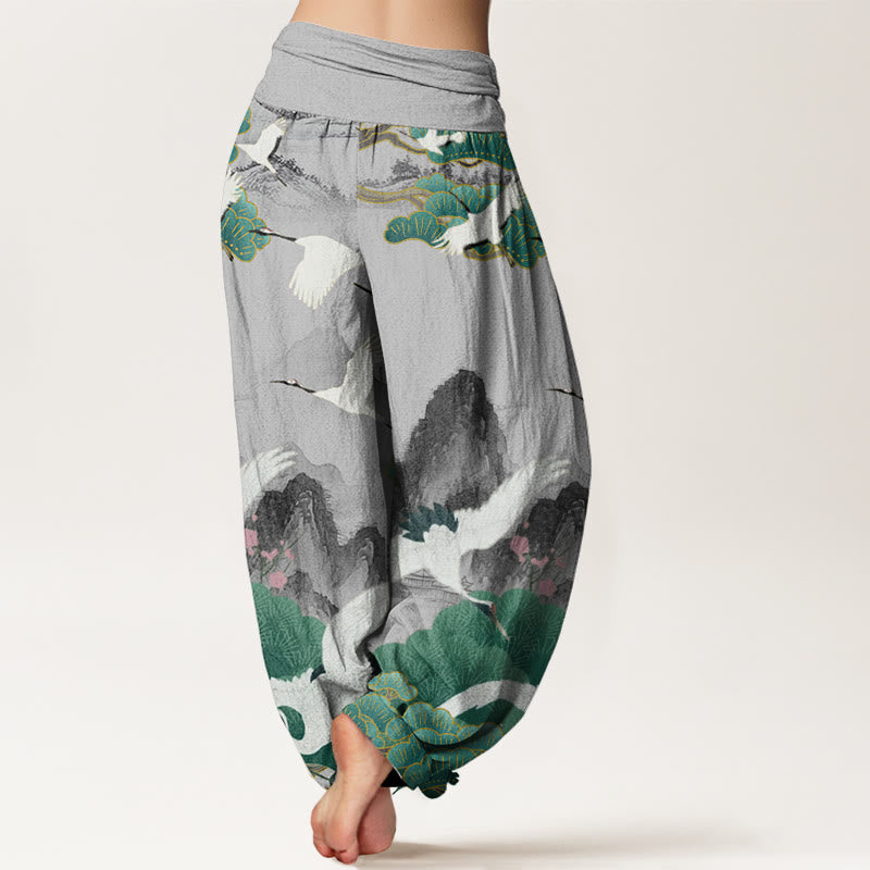 Buddha Stones Cotton Casual Cranes Green Pine Trees Landscape Pattern Women's Harem Pants - image 1