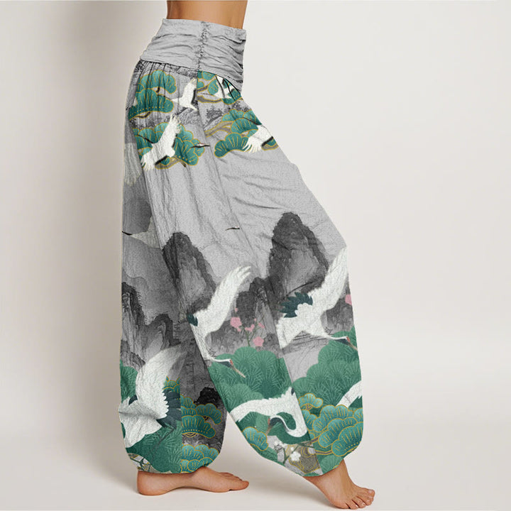 Buddha Stones Casual Cranes Green Pine Trees Landscape Pattern Women's Harem Pants - image 2