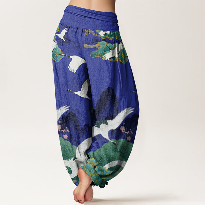 Buddha Stones Casual Cranes Green Pine Trees Landscape Pattern Women's Harem Pants - image 5