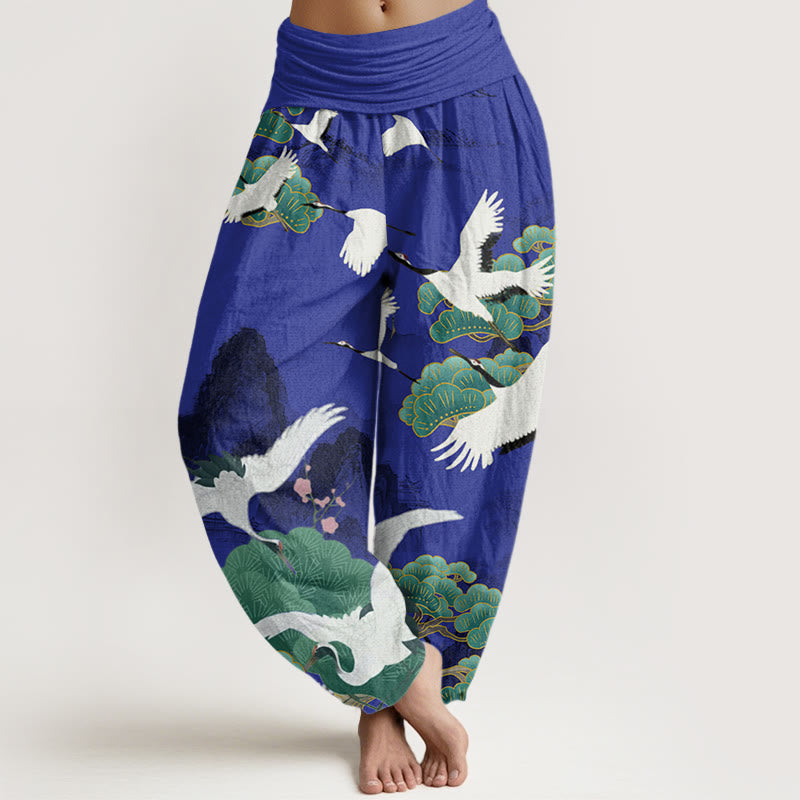Buddha Stones Casual Cranes Green Pine Trees Landscape Pattern Women's Harem Pants - Indigo - US22，UK/AU26，EU54 (6XL) - image 4