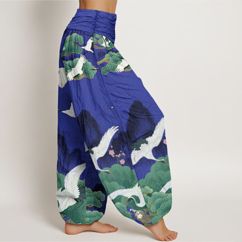 Buddha Stones Cotton Casual Cranes Green Pine Trees Landscape Pattern Women's Harem Pants - image 6