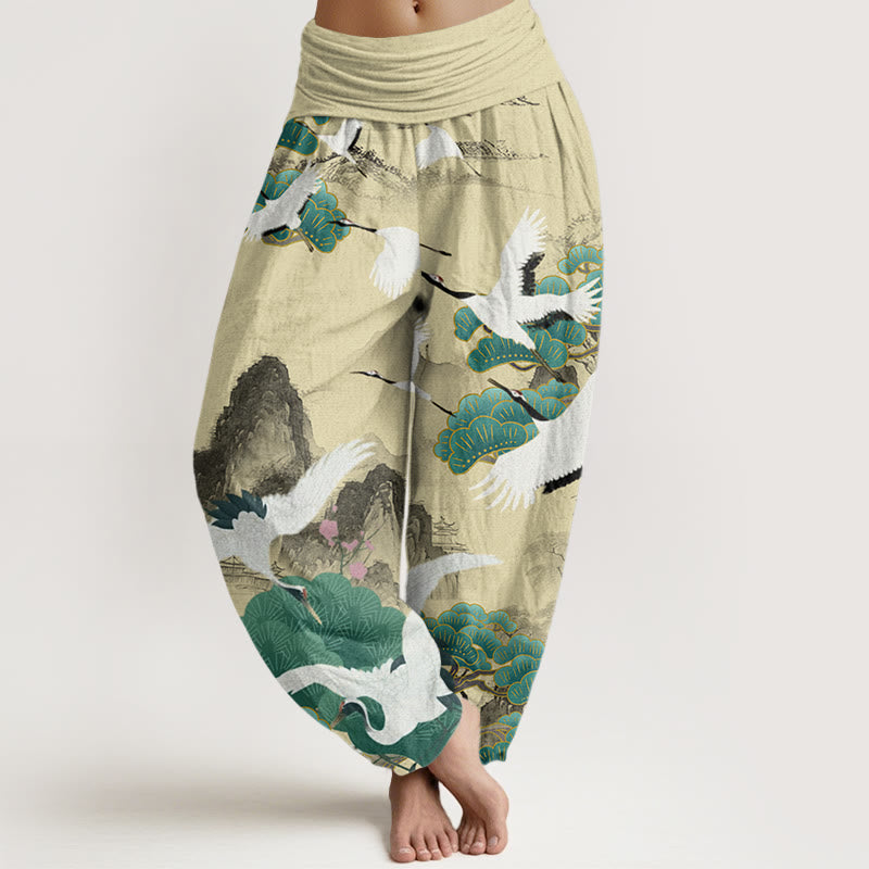 Buddha Stones Casual Cranes Green Pine Trees Landscape Pattern Women's Harem Pants - LemonChiffon - US22，UK/AU26，EU54 (6XL) - image 7