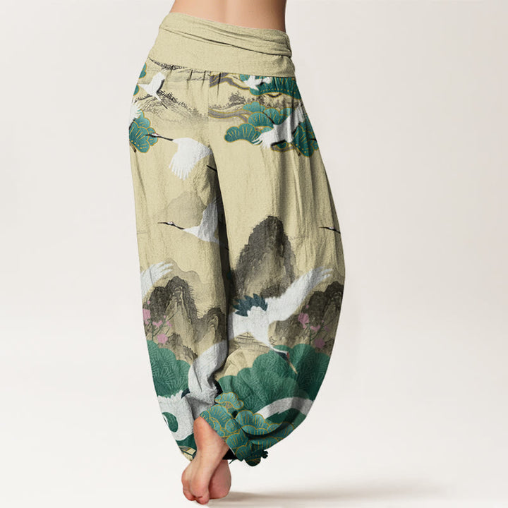 Buddha Stones Casual Cranes Green Pine Trees Landscape Pattern Women's Harem Pants - image 8
