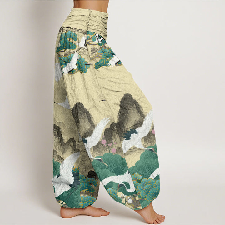 Buddha Stones Casual Cranes Green Pine Trees Landscape Pattern Women's Harem Pants - image 9
