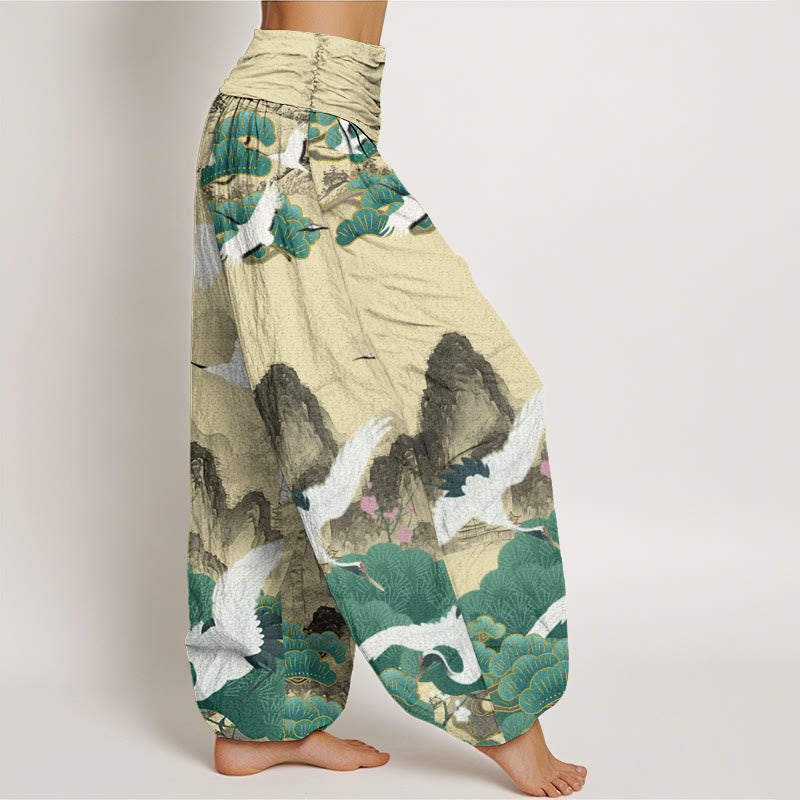 Buddha Stones Cotton Casual Cranes Green Pine Trees Landscape Pattern Women's Harem Pants - image 9
