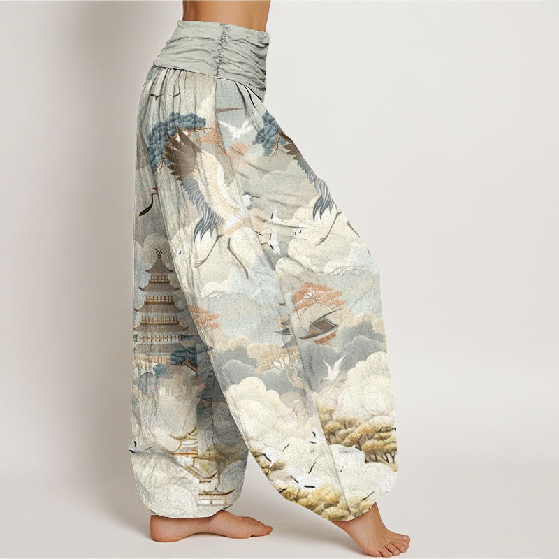 Buddha Stones Cotton Casual Cranes Clouds Pagodas Pattern Women's Harem Pants - image 2
