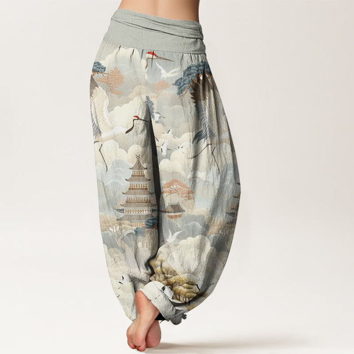 Buddha Stones Cotton Casual Cranes Clouds Pagodas Pattern Women's Harem Pants - image 1