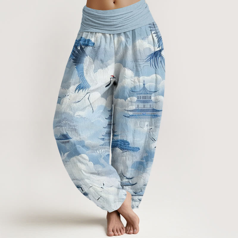 Buddha Stones Casual Cranes Clouds Pagodas Pattern Women's Harem Pants - LightSkyBlue - US22，UK/AU26，EU54 (6XL) - image 4