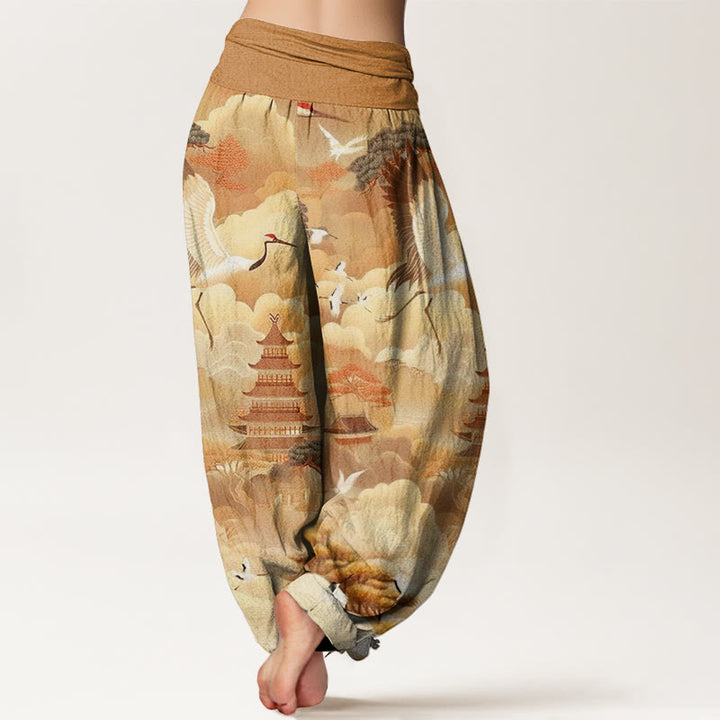 Buddha Stones Cotton Casual Cranes Clouds Pagodas Pattern Women's Harem Pants - image 8