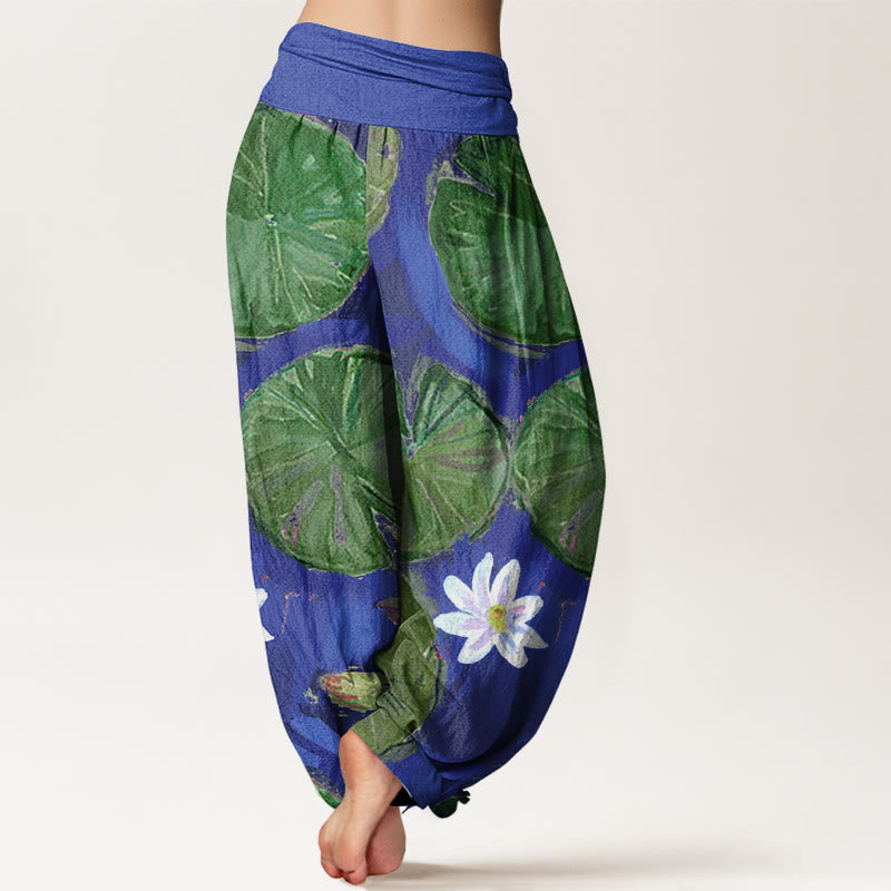 Buddha Stones Casual Green Lotus Leaves White Flowers Pattern Women's Harem Pants - image 1