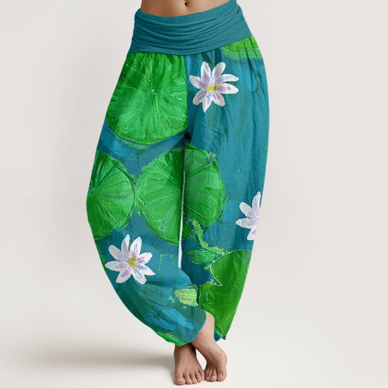 Buddha Stones Casual Green Lotus Leaves White Flowers Pattern Women's Harem Pants - LightSeaGreen - US22，UK/AU26，EU54 (6XL) - image 4