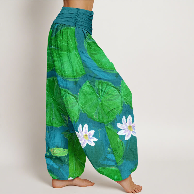 Buddha Stones Casual Green Lotus Leaves White Flowers Pattern Women's Harem Pants - image 6