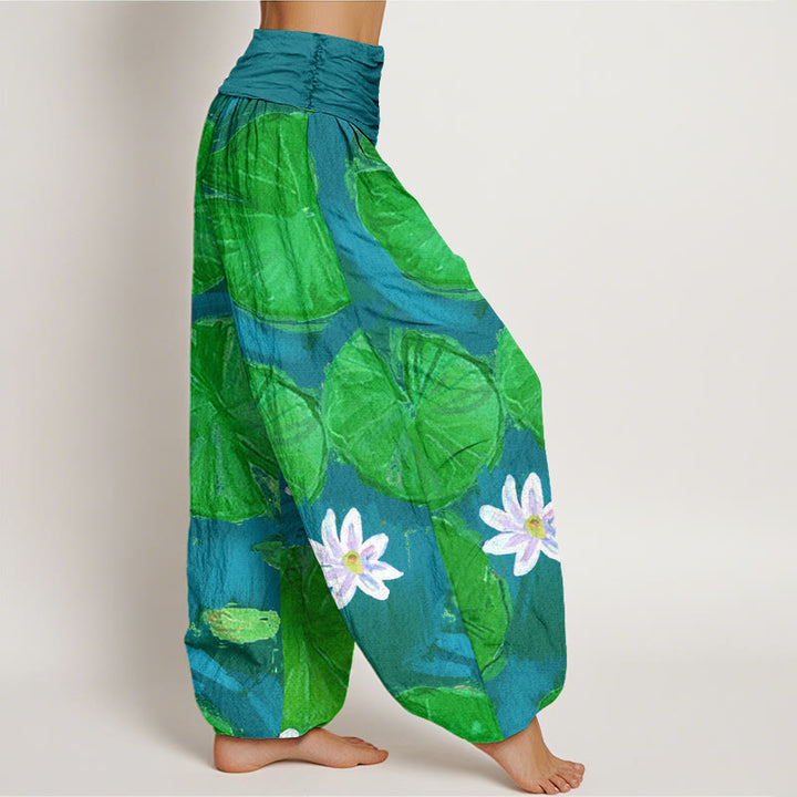 Buddha Stones Casual Green Lotus Leaves White Flowers Pattern Women's Harem Pants - image 6