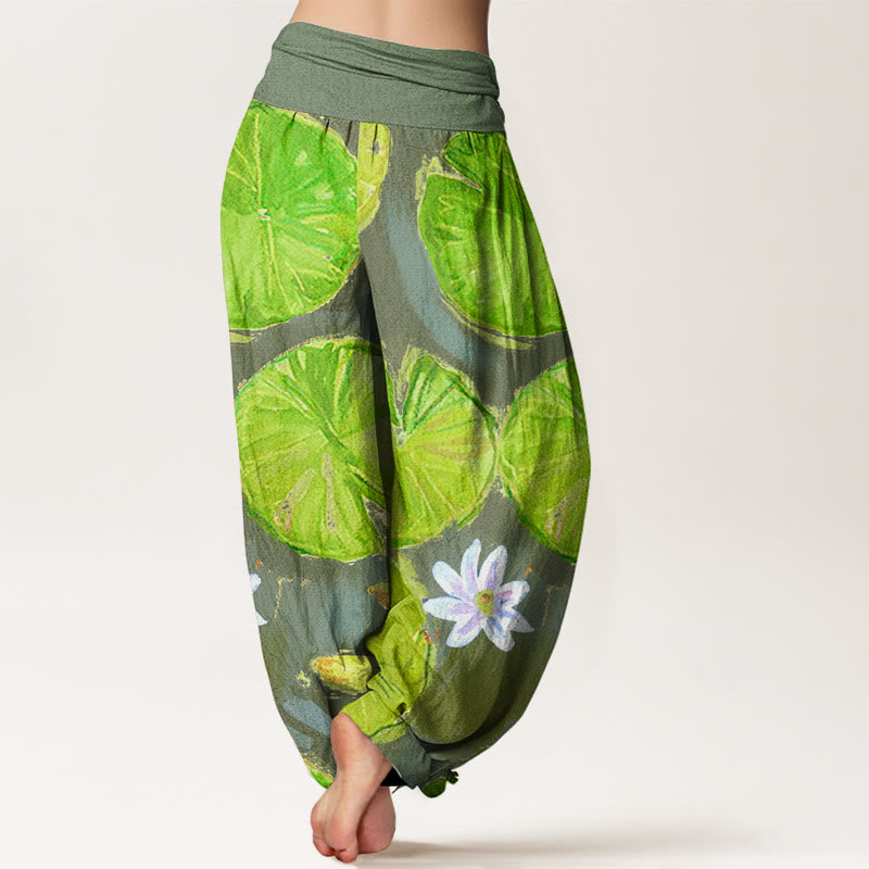 Buddha Stones Casual Green Lotus Leaves White Flowers Pattern Women's Harem Pants - image 8