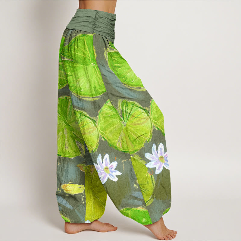 Buddha Stones Casual Green Lotus Leaves White Flowers Pattern Women's Harem Pants - image 9