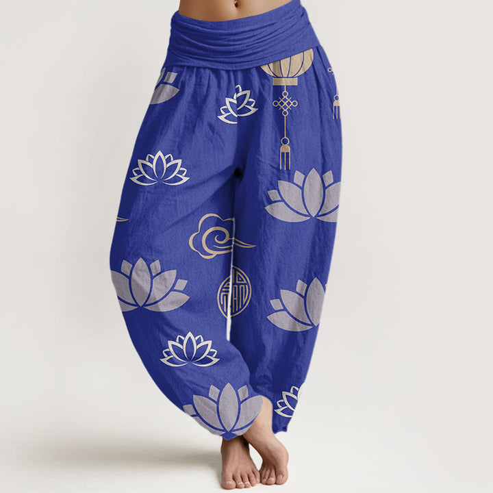 Buddha Stones Cotton Casual Lotus Flowers Lanterns Cloud Pattern Women's Harem Pants - SlateBlue - US22，UK/AU26，EU54 (6XL) - image 4