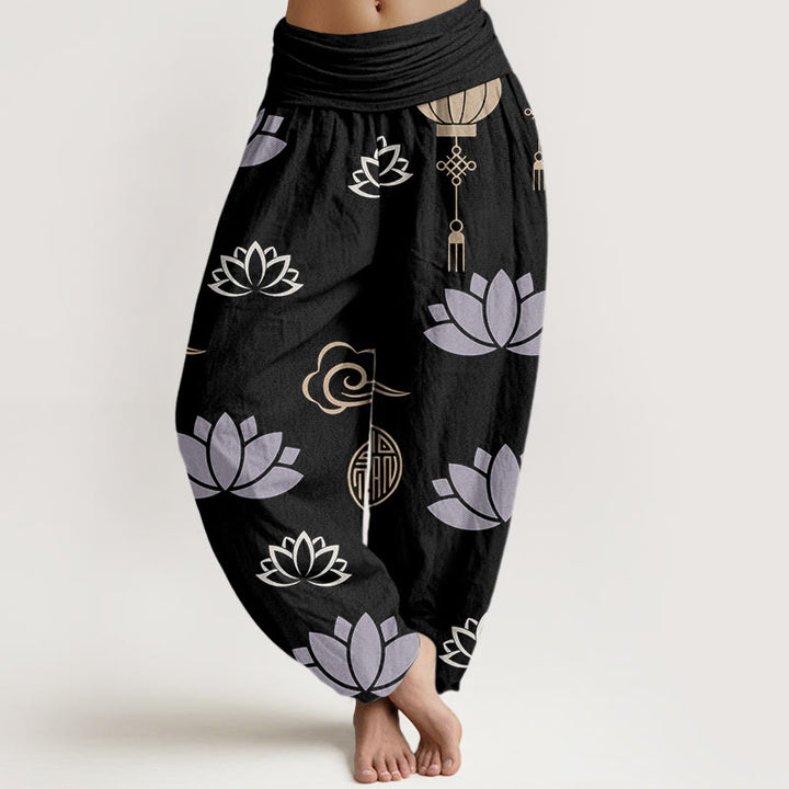 Buddha Stones Casual Lotus Flowers Lanterns Cloud Pattern Women's Harem Pants - Black - US22，UK/AU26，EU54 (6XL) - image 7