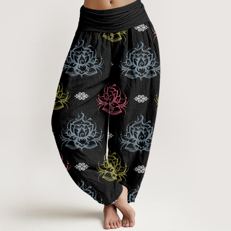 Buddha Stones Casual Various Colors Lotus Flowers Pattern Women's Harem Pants - Black - US22，UK/AU26，EU54 (6XL) - image 0