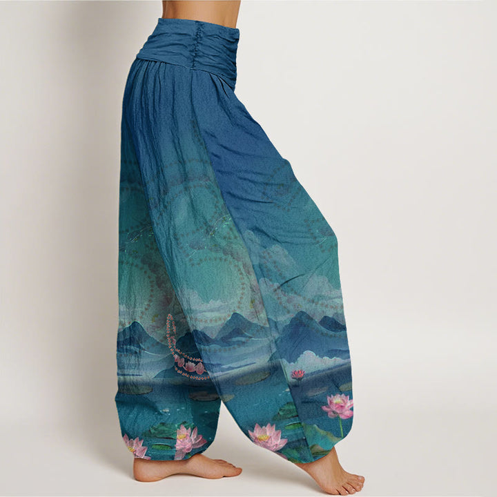 Buddha Stones Casual Lotus Flowers Om Symbol Mountains Lake Pattern Women's Harem Pants - image 2