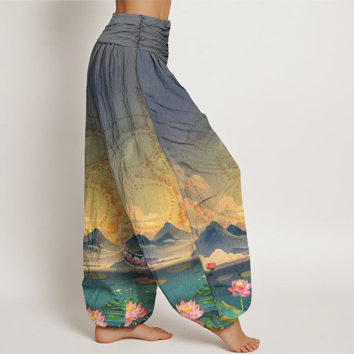 Buddha Stones Casual Lotus Flowers Om Symbol Mountains Lake Pattern Women's Harem Pants - image 6
