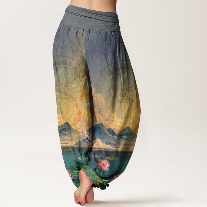 Buddha Stones Cotton Casual Lotus Flowers Om Symbol Mountains Lake Pattern Women's Harem Pants - image 5