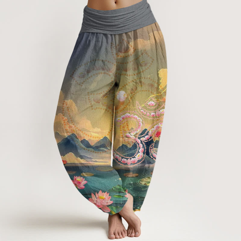 Buddha Stones Casual Lotus Flowers Om Symbol Mountains Lake Pattern Women's Harem Pants - Gray - US22，UK/AU26，EU54 (6XL) - image 4