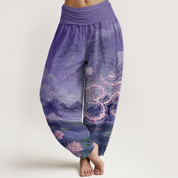 Buddha Stones Casual Lotus Flowers Om Symbol Mountains Lake Pattern Women's Harem Pants - MediumPurple - US22，UK/AU26，EU54 (6XL) - image 7