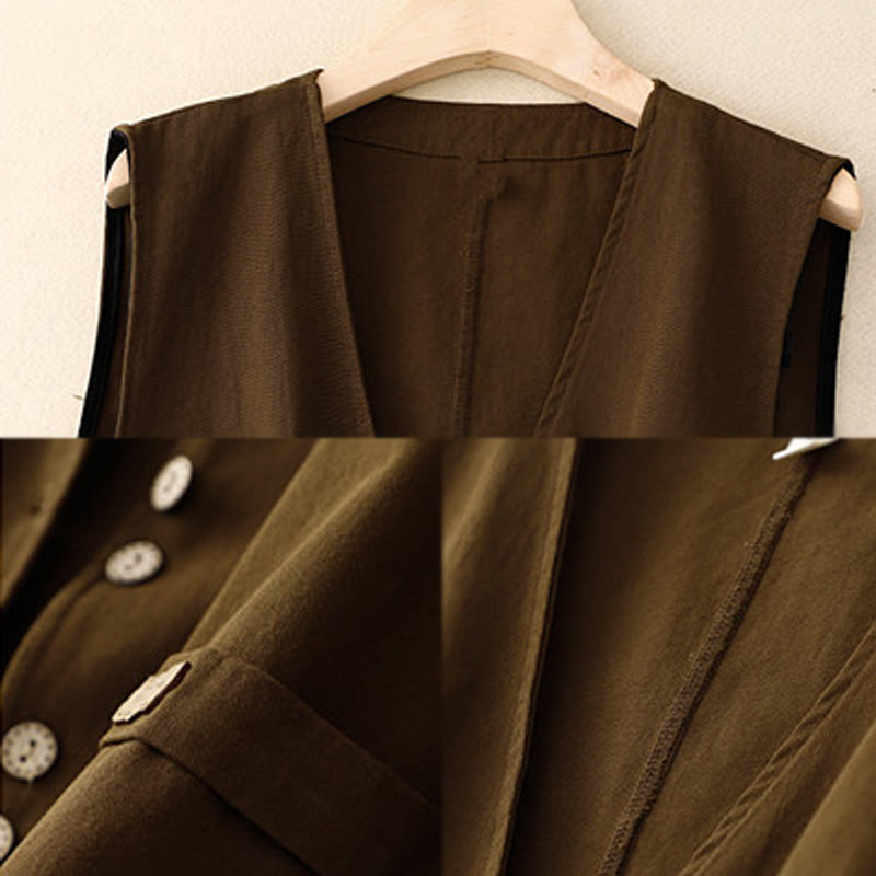 Buddha Stones Solid Color Front Buttons Sleeveless Women's Cotton Waistcoat With Pockets - image 11