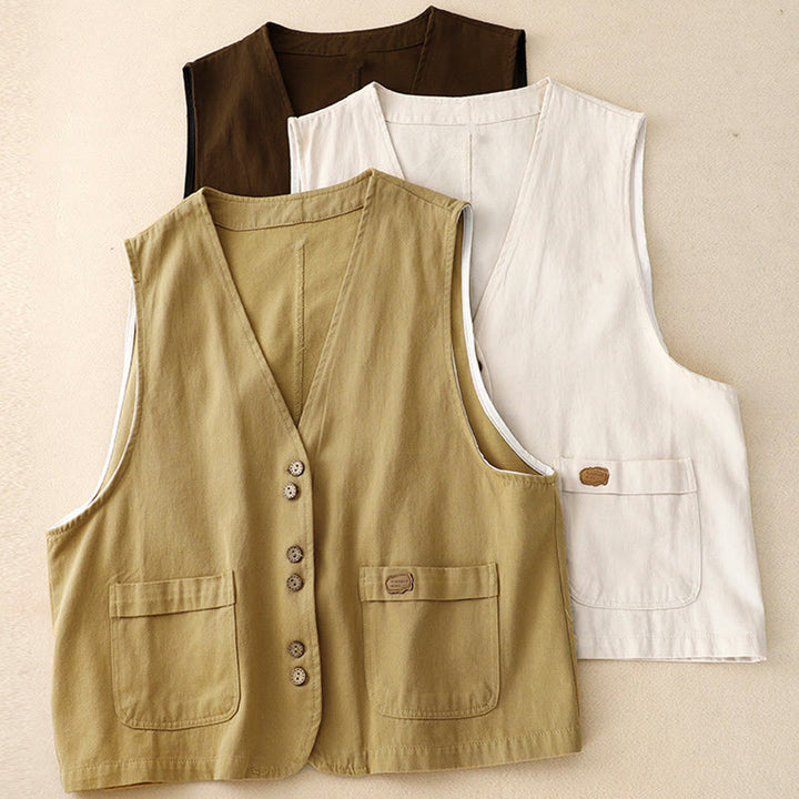 Buddha Stones Solid Color Front Buttons Sleeveless Women's Cotton Waistcoat With Pockets - image 18