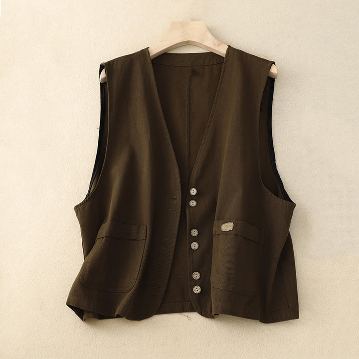 Buddha Stones Solid Color Front Buttons Sleeveless Women's Cotton Waistcoat With Pockets - SaddleBrown - US8-10，UK/AU12-14，EU40-42 (2XL) - image 8