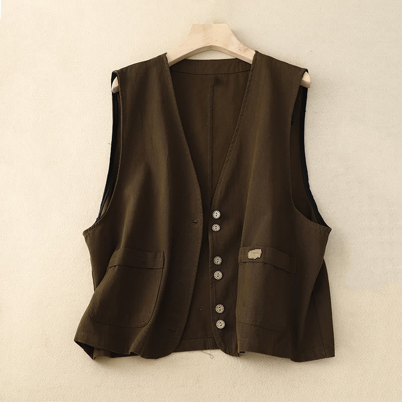 Buddha Stones Solid Color Front Buttons Sleeveless Women's Cotton Waistcoat With Pockets - SaddleBrown - US8-10，UK/AU12-14，EU40-42 (2XL) - image 9