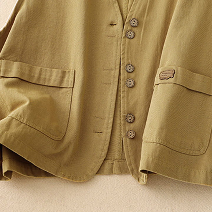 Buddha Stones Solid Color Front Buttons Sleeveless Women's Cotton Waistcoat With Pockets - image 7